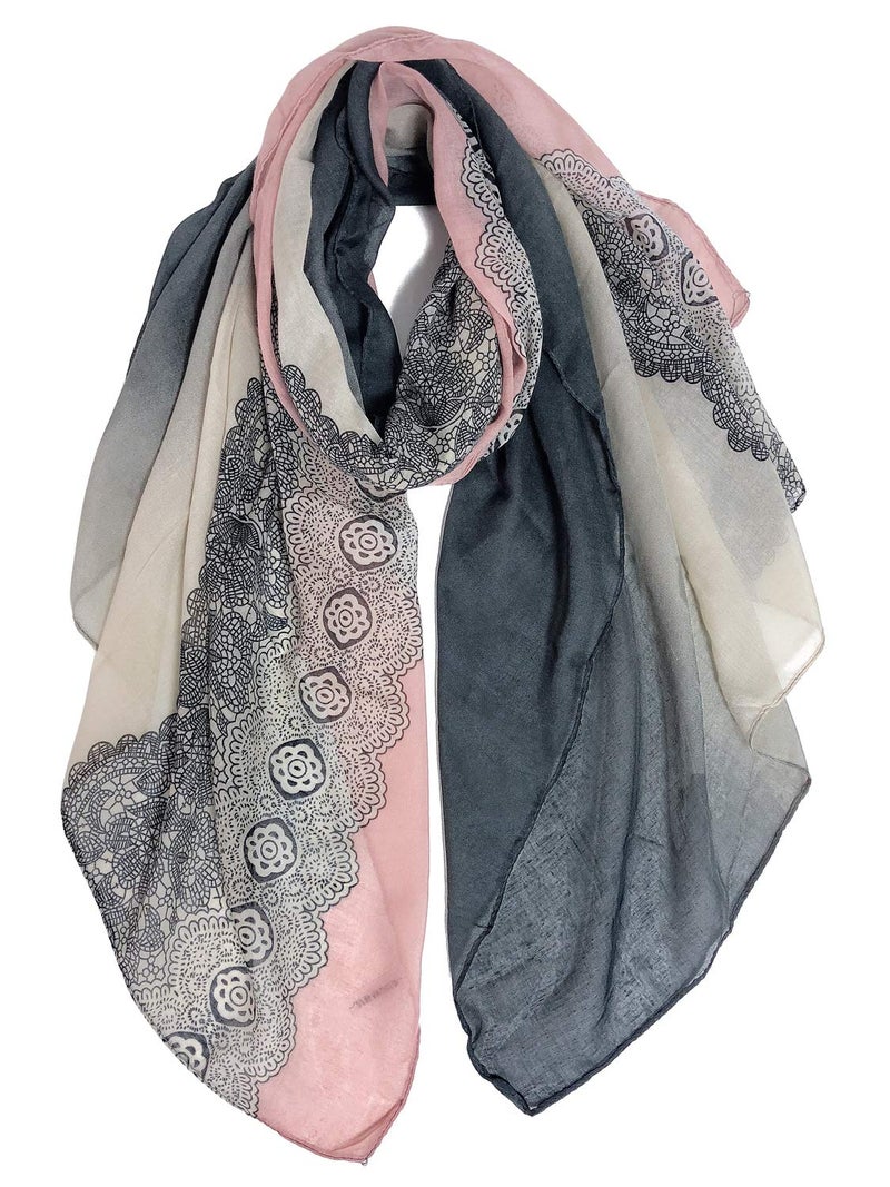 GERINLY Lace Print Women Fashion Scarf Lightweight Cotton Shawls and Wraps (Darkgrey Pink) - Image 1